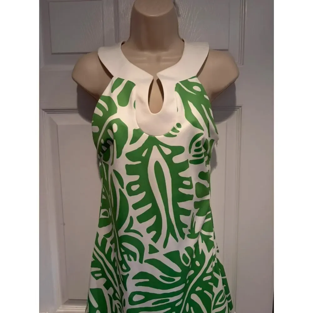 CK‎ Bradley Green Palm Print Halter Dress Size S Tropical Resort Keyhole Coastal